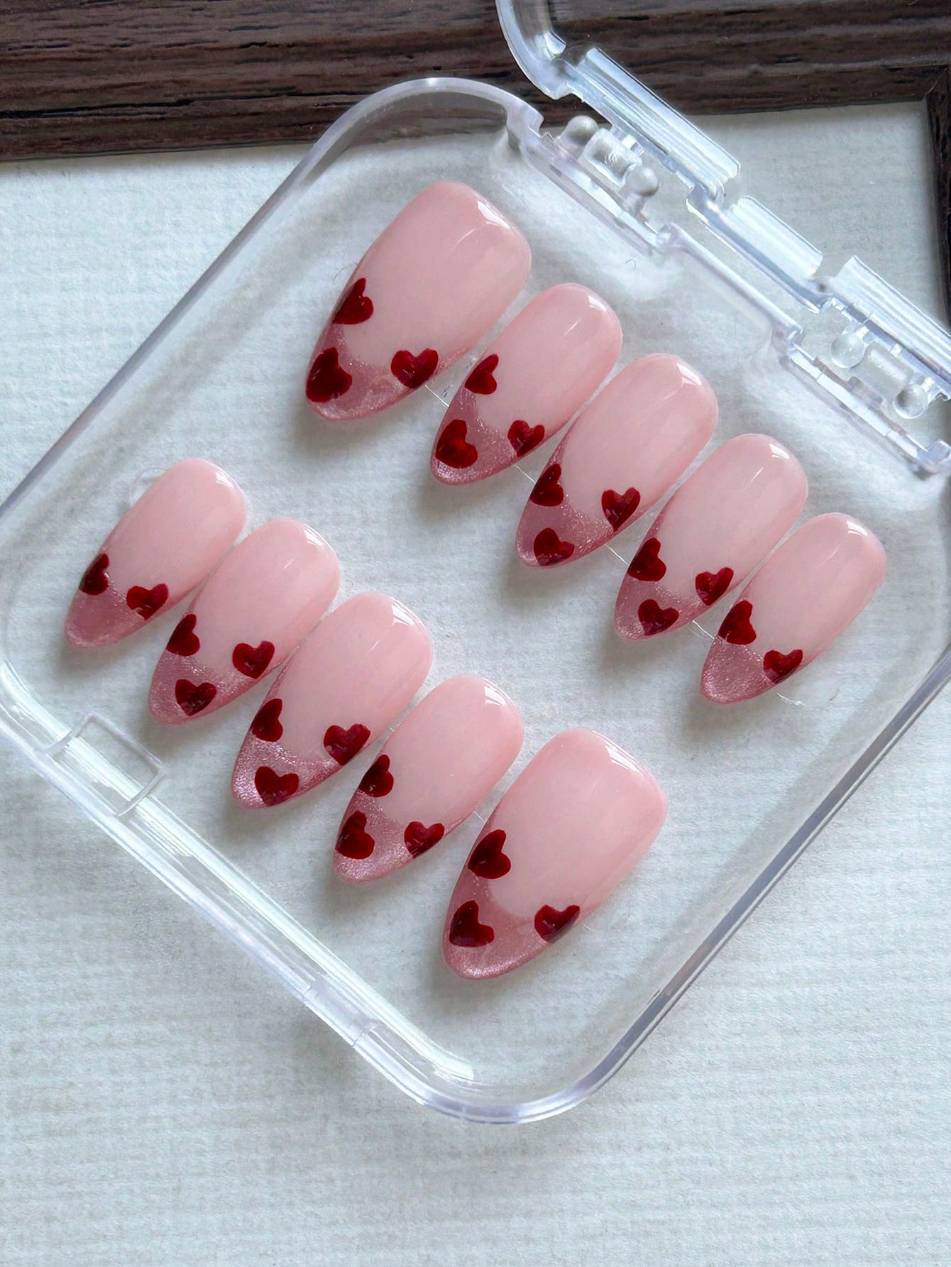 Handmade Pink Cat Eye Heart Almond Press-On Nails