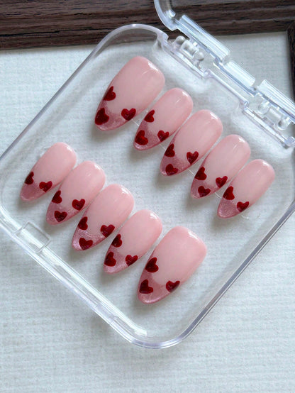 Handmade Pink Cat Eye Heart Almond Press-On Nails