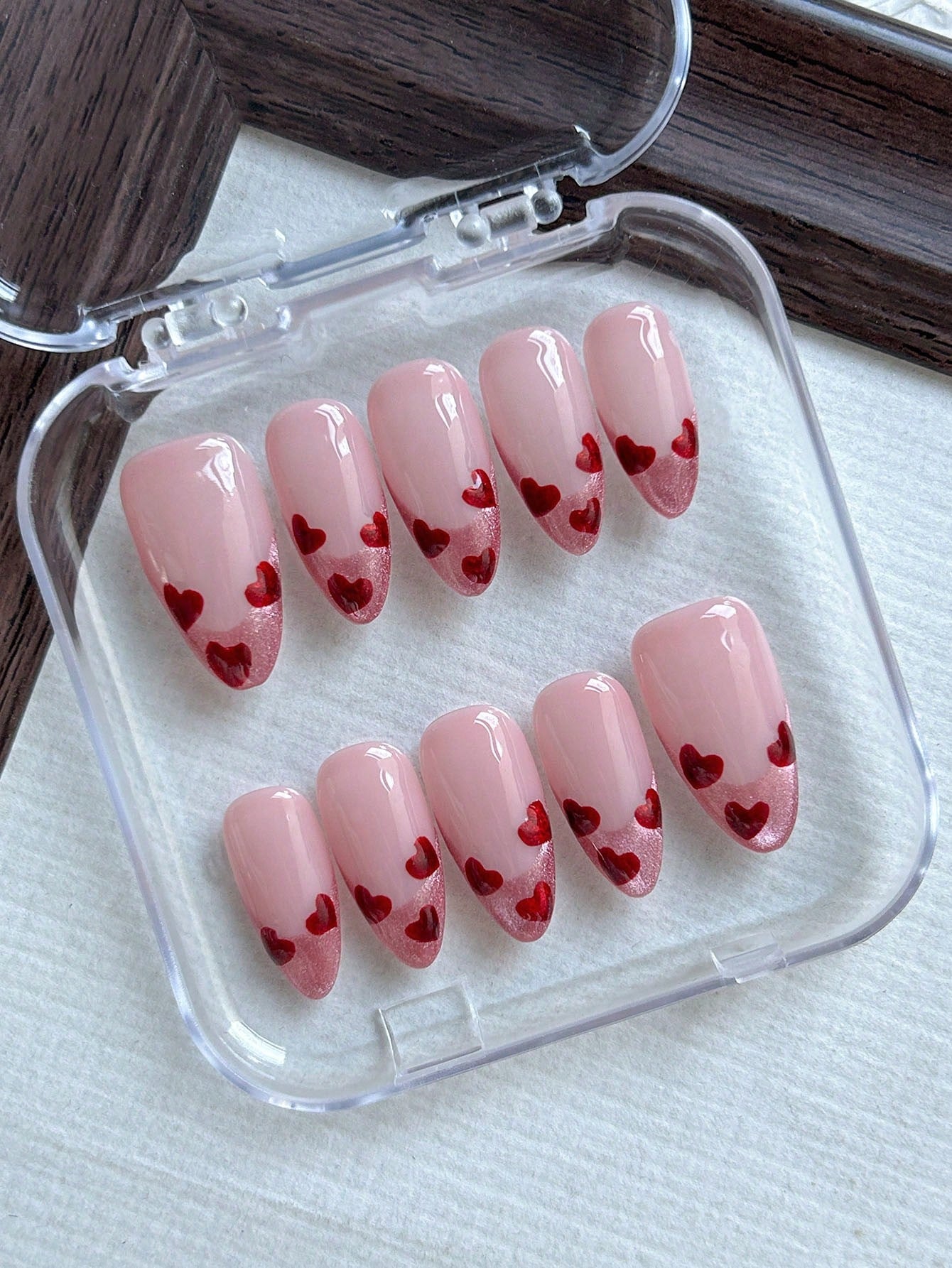 Handmade Pink Cat Eye Heart Almond Press-On Nails