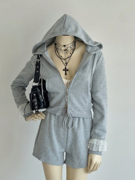 Women's Zip-Up Hoodie and Drawstring Shorts 2-Piece Set