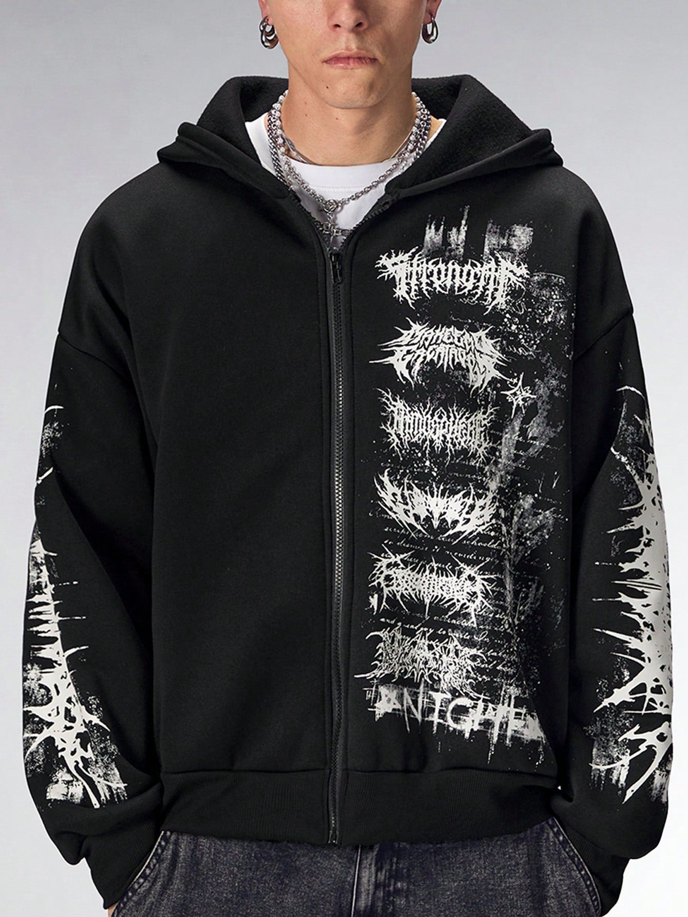 Men's Gothic Letter Print Zip Up Casual Loose Hoodie
