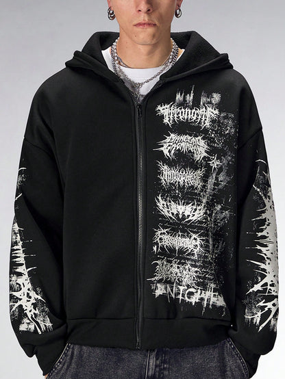 Men's Gothic Letter Print Zip Up Casual Loose Hoodie