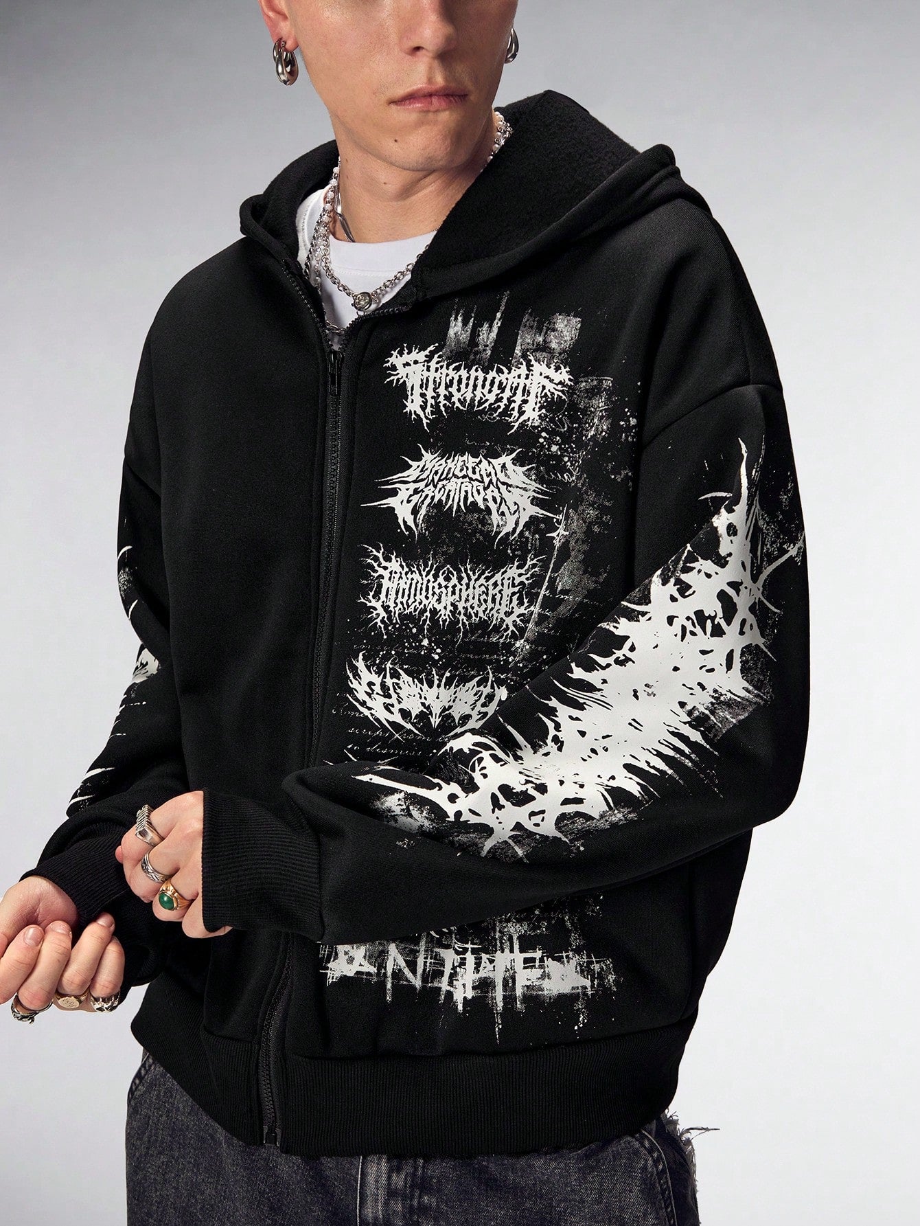 Men's Gothic Letter Print Zip Up Casual Loose Hoodie