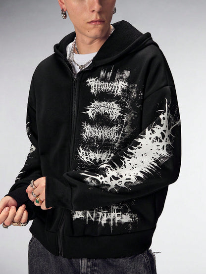 Men's Gothic Letter Print Zip Up Casual Loose Hoodie