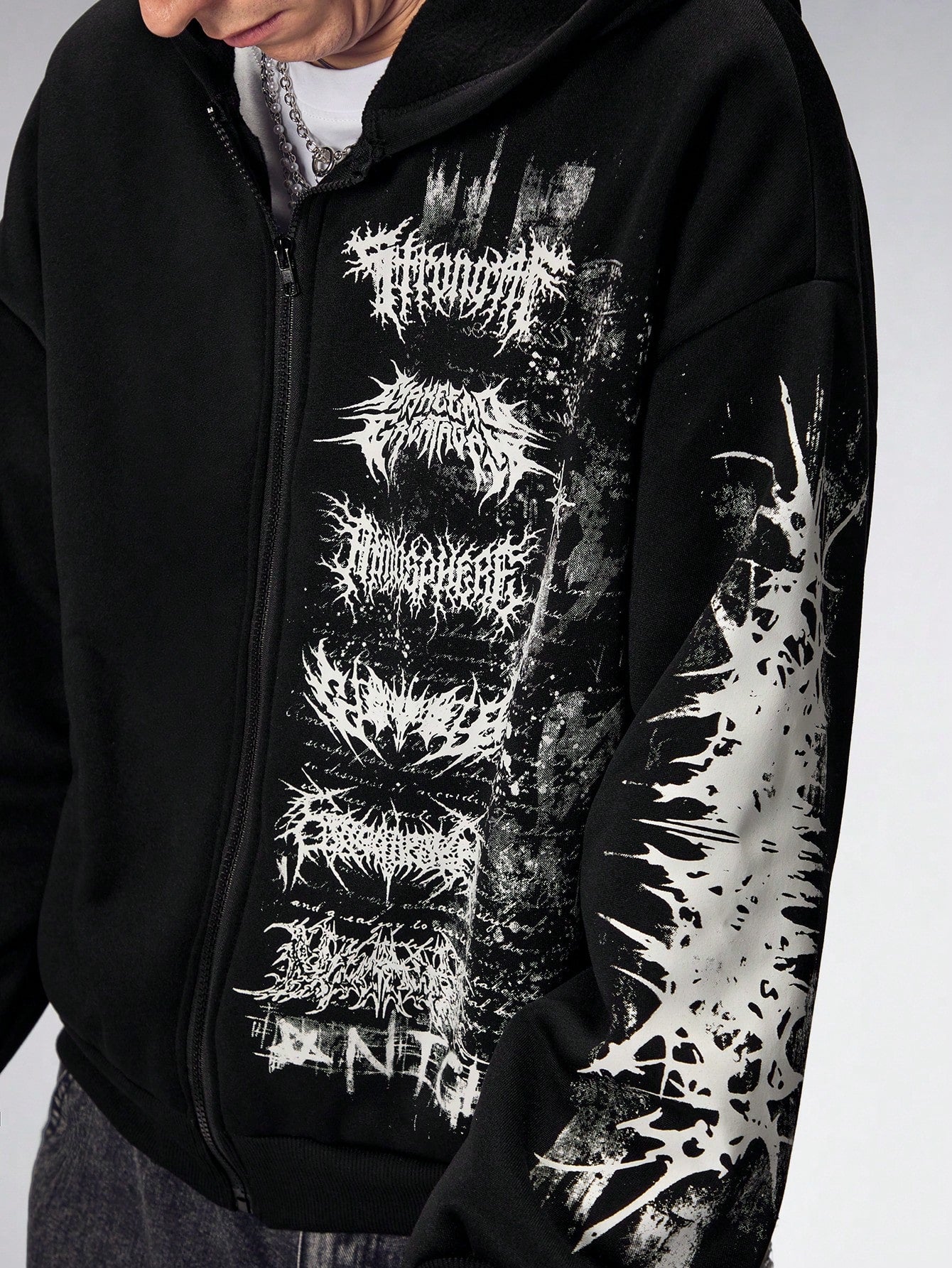 Men's Gothic Letter Print Zip Up Casual Loose Hoodie
