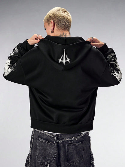 Men's Gothic Letter Print Zip Up Casual Loose Hoodie