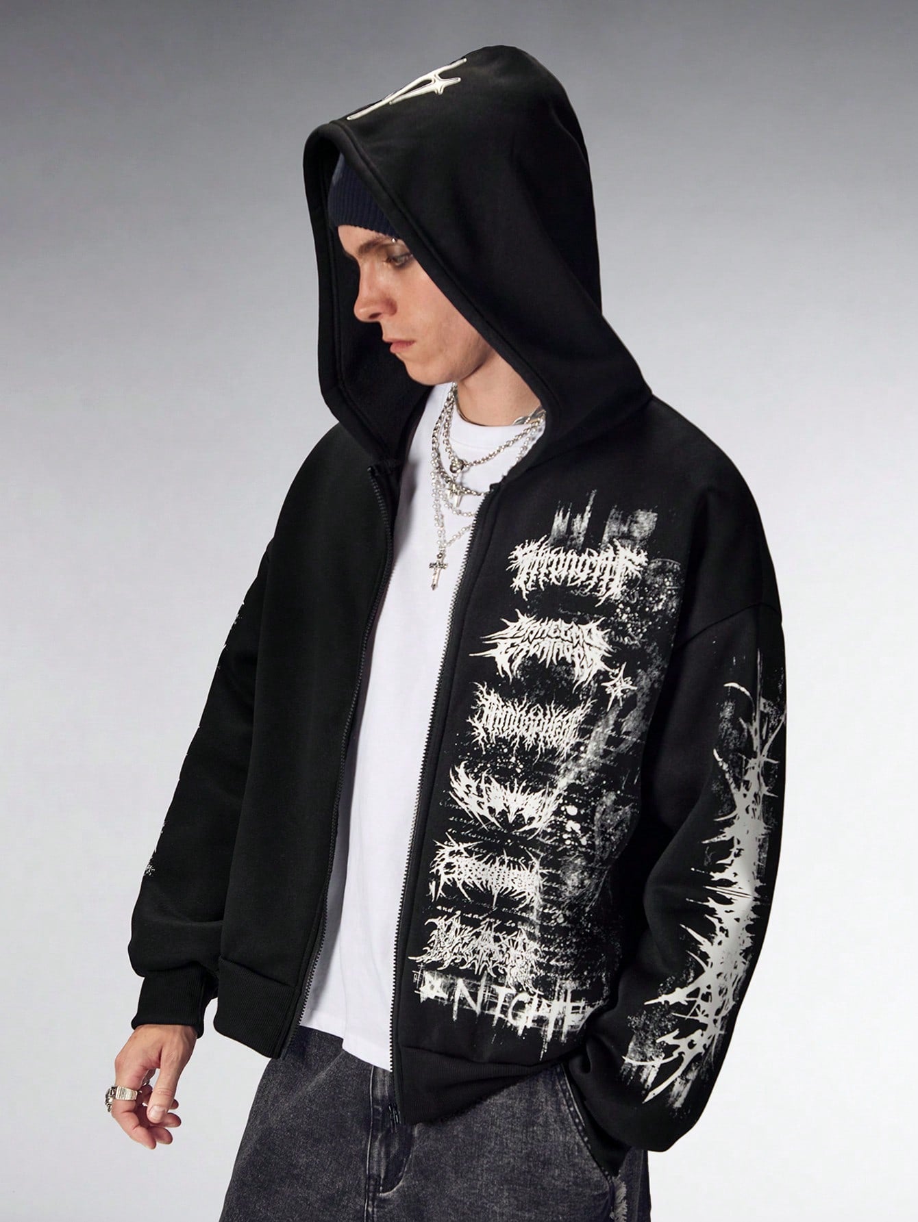 Men's Gothic Letter Print Zip Up Casual Loose Hoodie