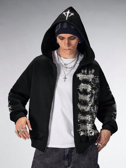 Men's Gothic Letter Print Zip Up Casual Loose Hoodie