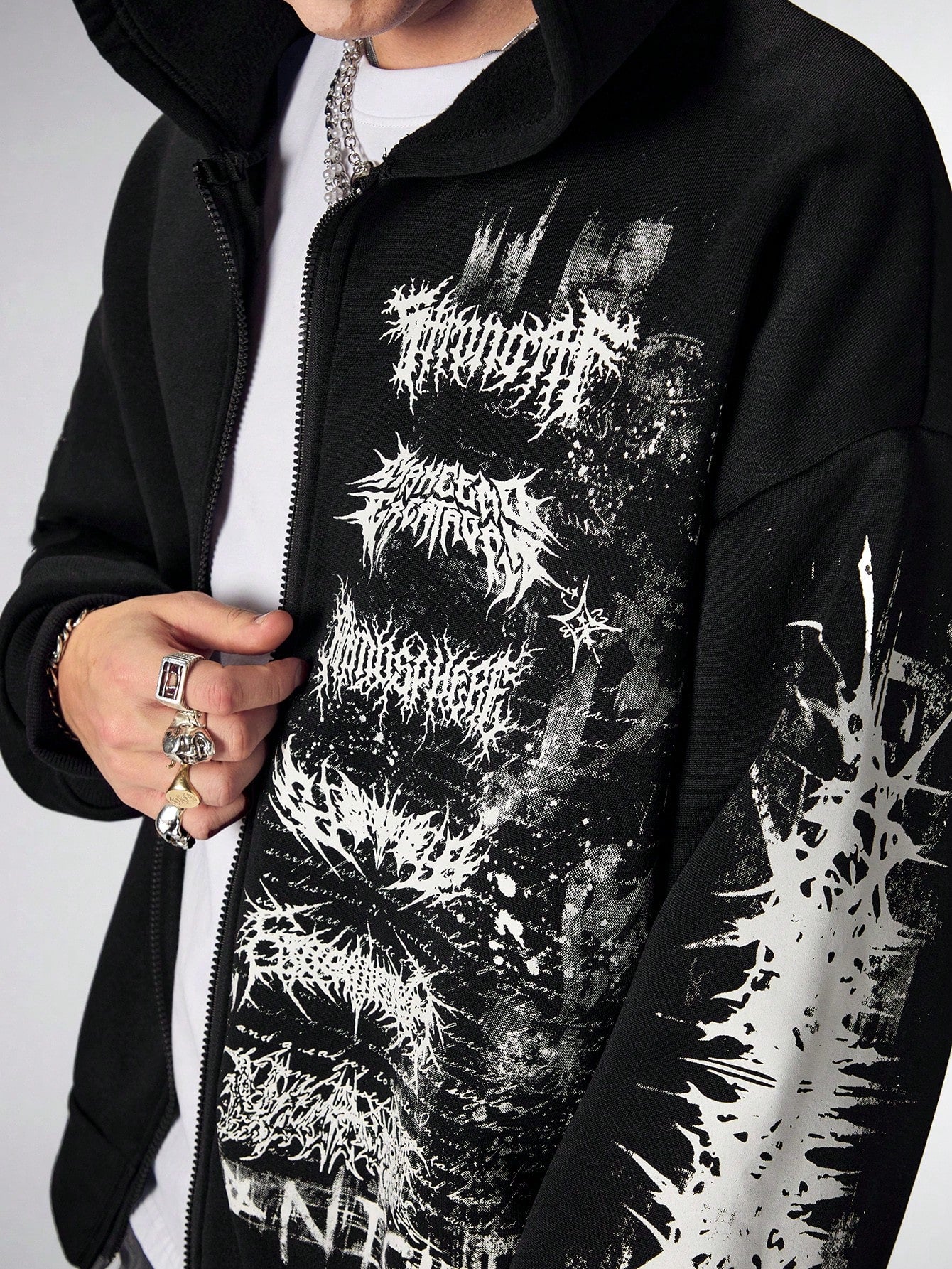 Men's Gothic Letter Print Zip Up Casual Loose Hoodie