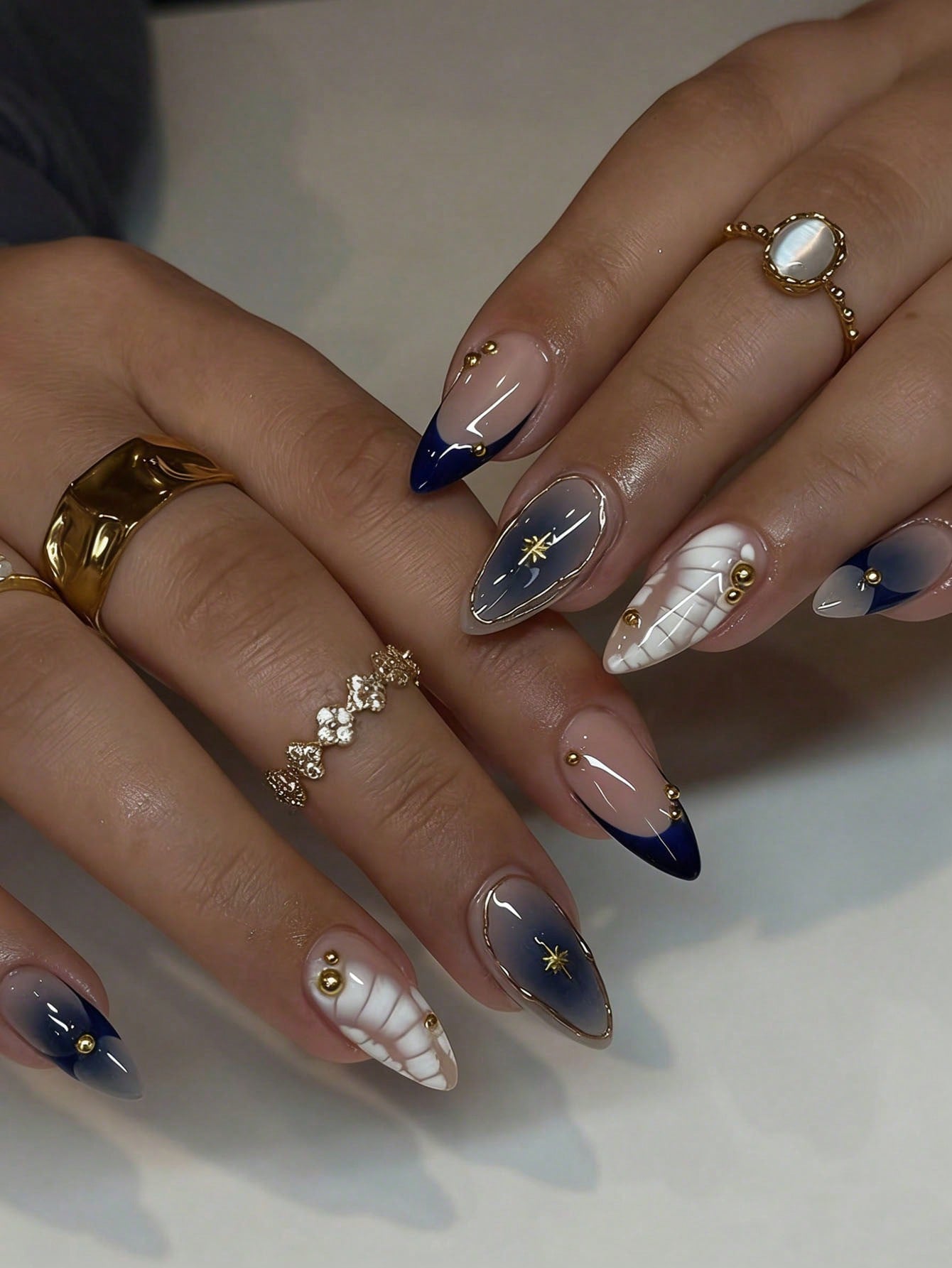 Blue Tie-Dye French Almond 3D Golden Star Nails (24pcs)