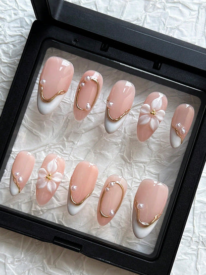 Pink Pearl Almond 3D Gold Floral Press-On Nails