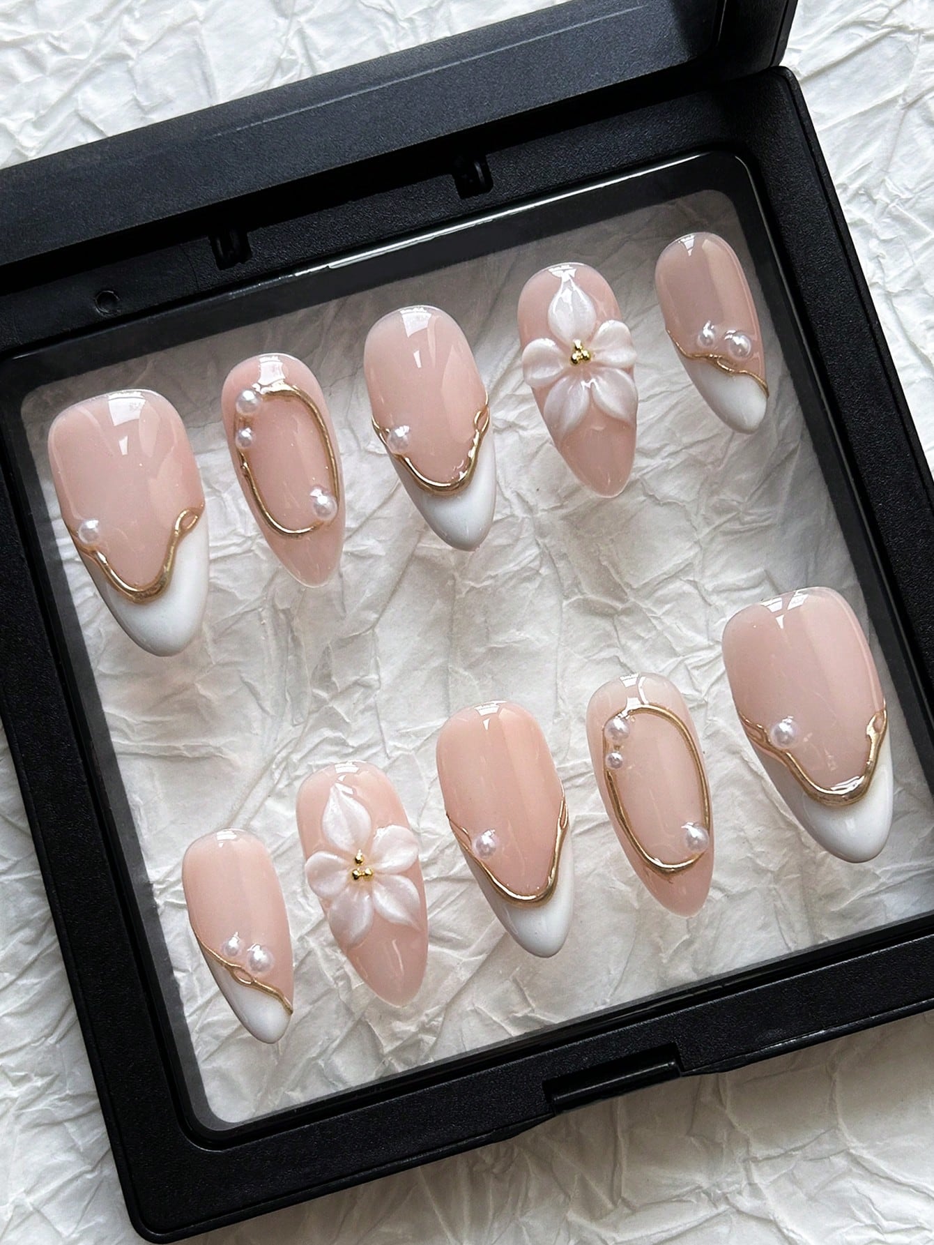 Pink Pearl Almond 3D Gold Floral Press-On Nails