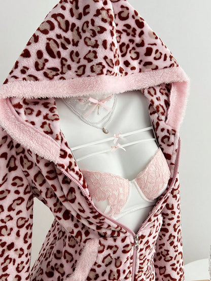 Casual Colorblock Leopard Zip Hoodie