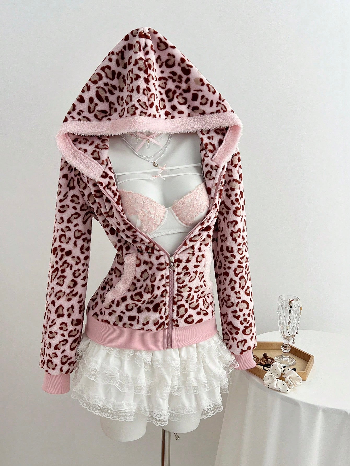 Women's Leopard Print Flannel Thermal Hooded Sweatshirt