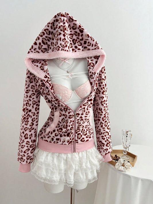 Casual Colorblock Leopard Zip Hoodie