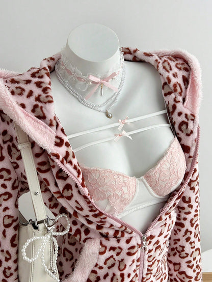 Casual Colorblock Leopard Zip Hoodie