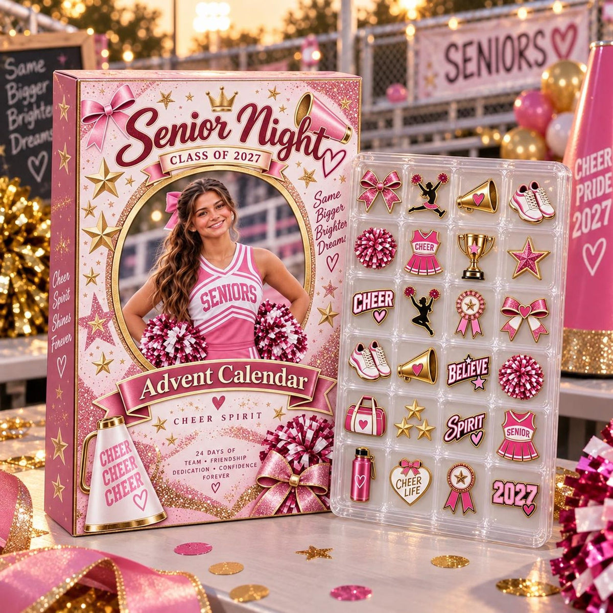 Personalized Cheerleading Advent Calendar: Custom Senior Night Photo Blind Box, Enamel Pin Gift