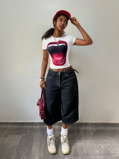 Y2K Punk Lip Print Cropped Baby Tee