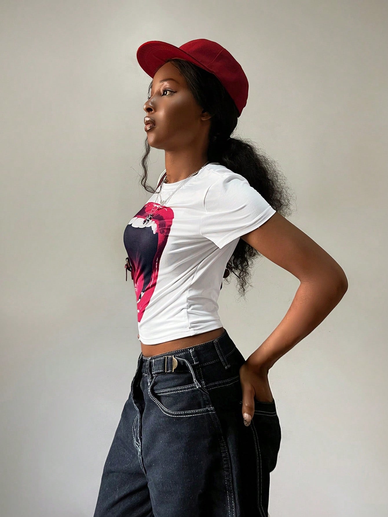 Y2K Punk Lip Print Cropped Baby Tee