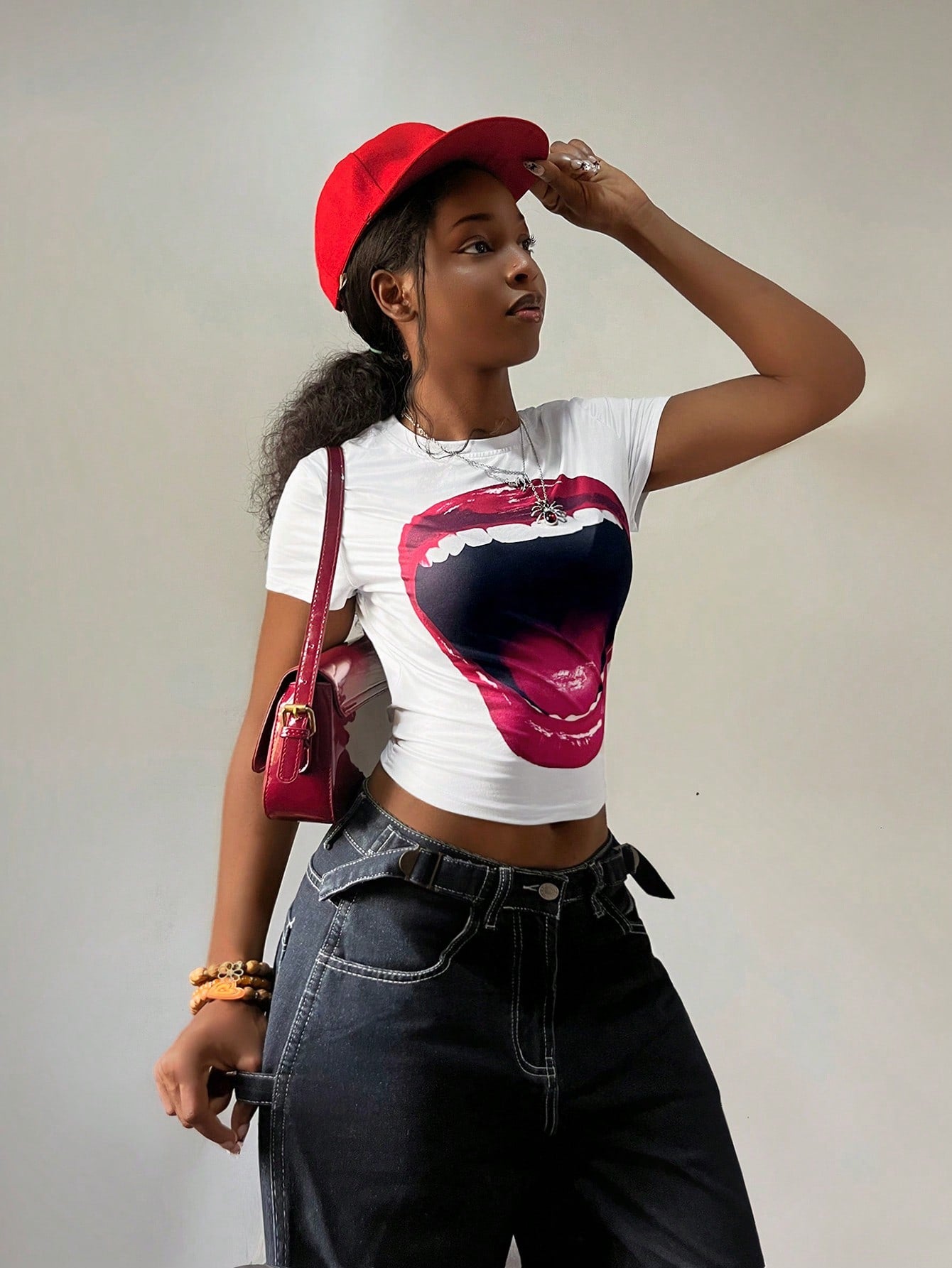 Y2K Punk Lip Print Cropped Baby Tee