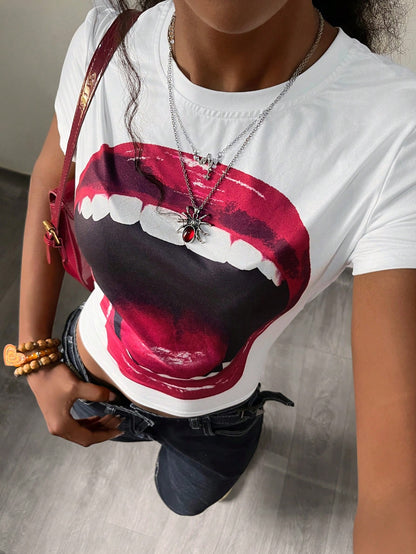 Y2K Punk Lip Print Cropped Baby Tee