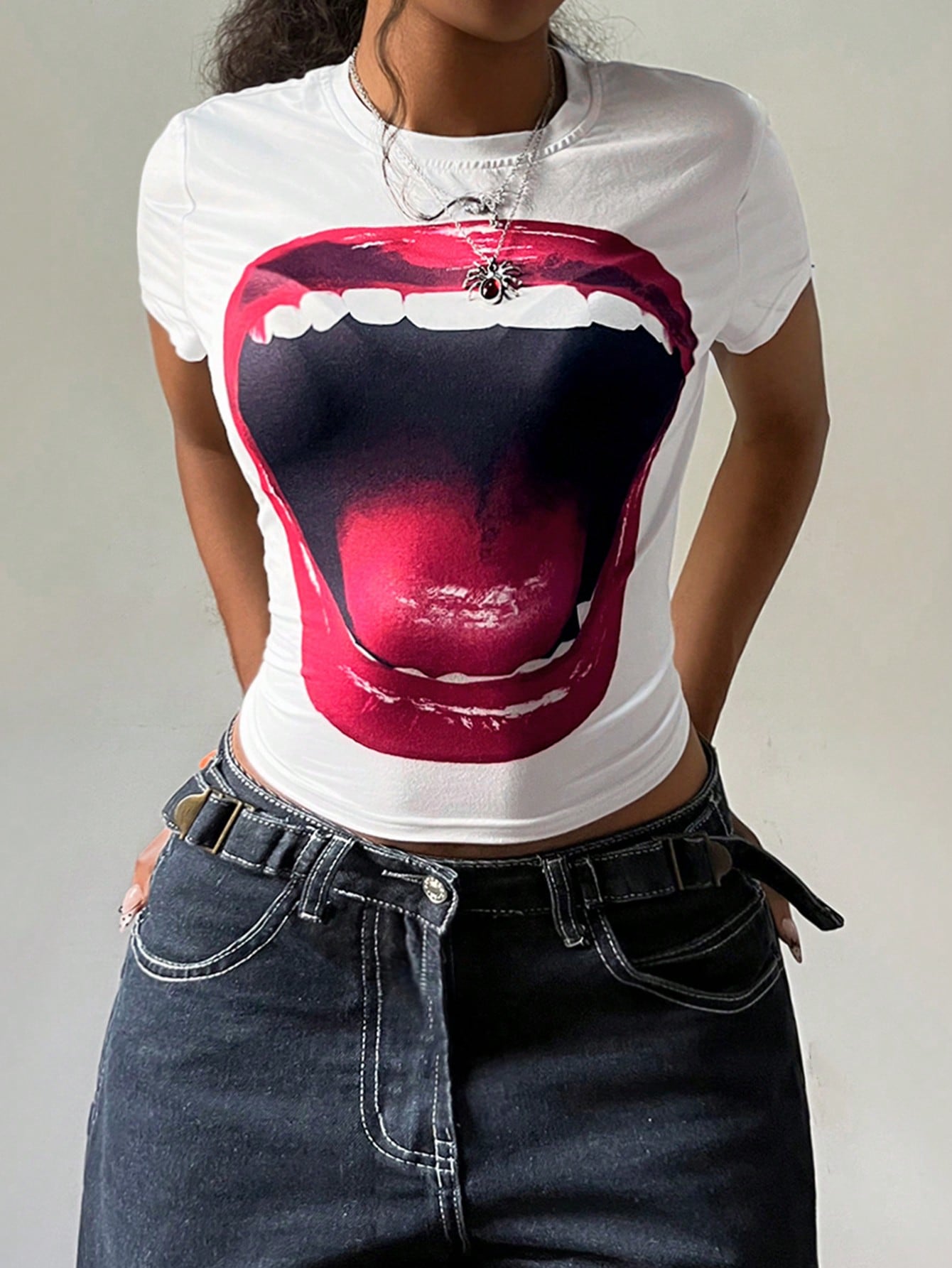 Y2K Punk Lip Print Cropped Baby Tee