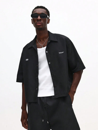Short Sleeve Button Front Graphic Crop Shirt - Pisif