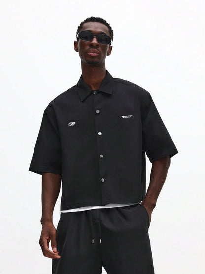 Short Sleeve Button Front Graphic Crop Shirt - Pisif