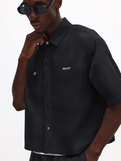 Short Sleeve Button Front Graphic Crop Shirt - Pisif