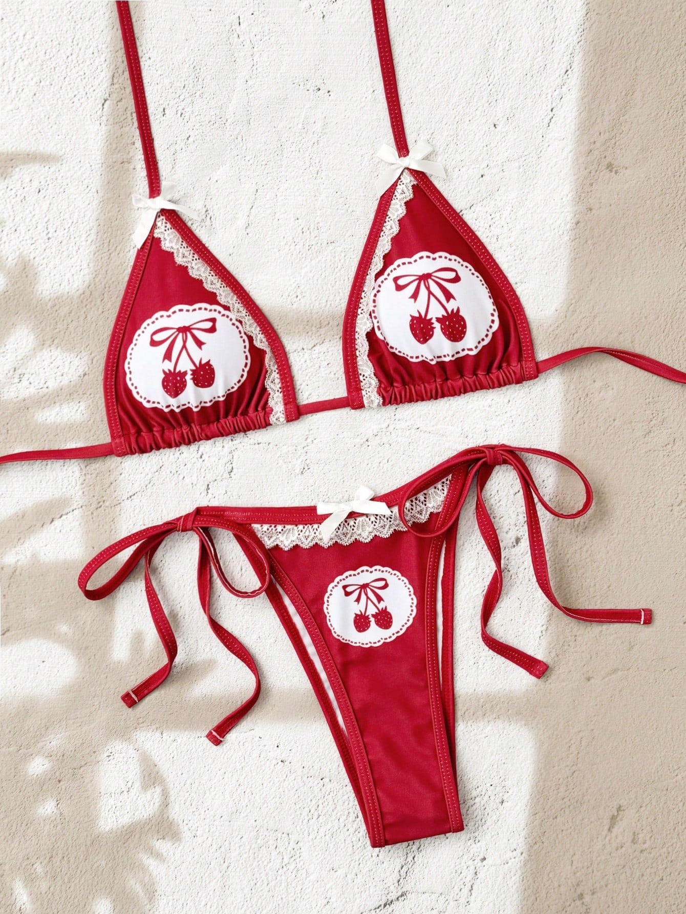 Strawberry Print Side-Tie High-Cut Bikini Set