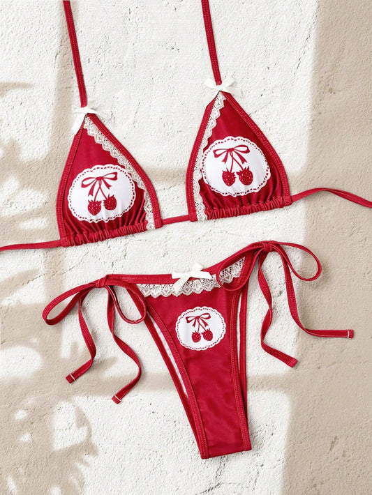 Strawberry Print Side-Tie High-Cut Bikini Set