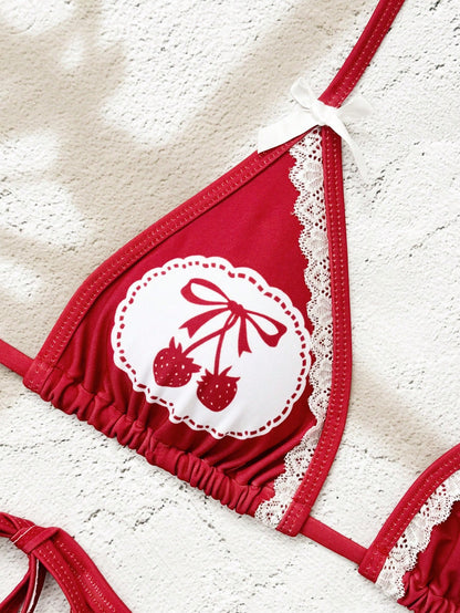 Strawberry Print Side-Tie High-Cut Bikini Set