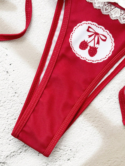 Strawberry Print Side-Tie High-Cut Bikini Set
