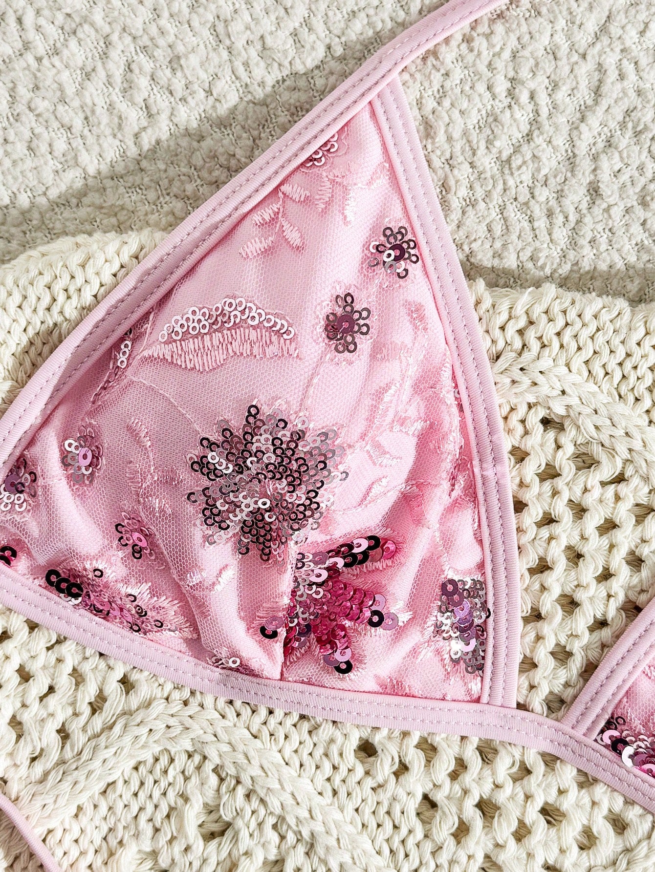 Champagne Sequin Embroidered High-Cut Bikini Set