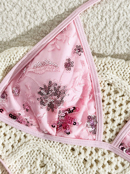 Champagne Sequin Embroidered High-Cut Bikini Set