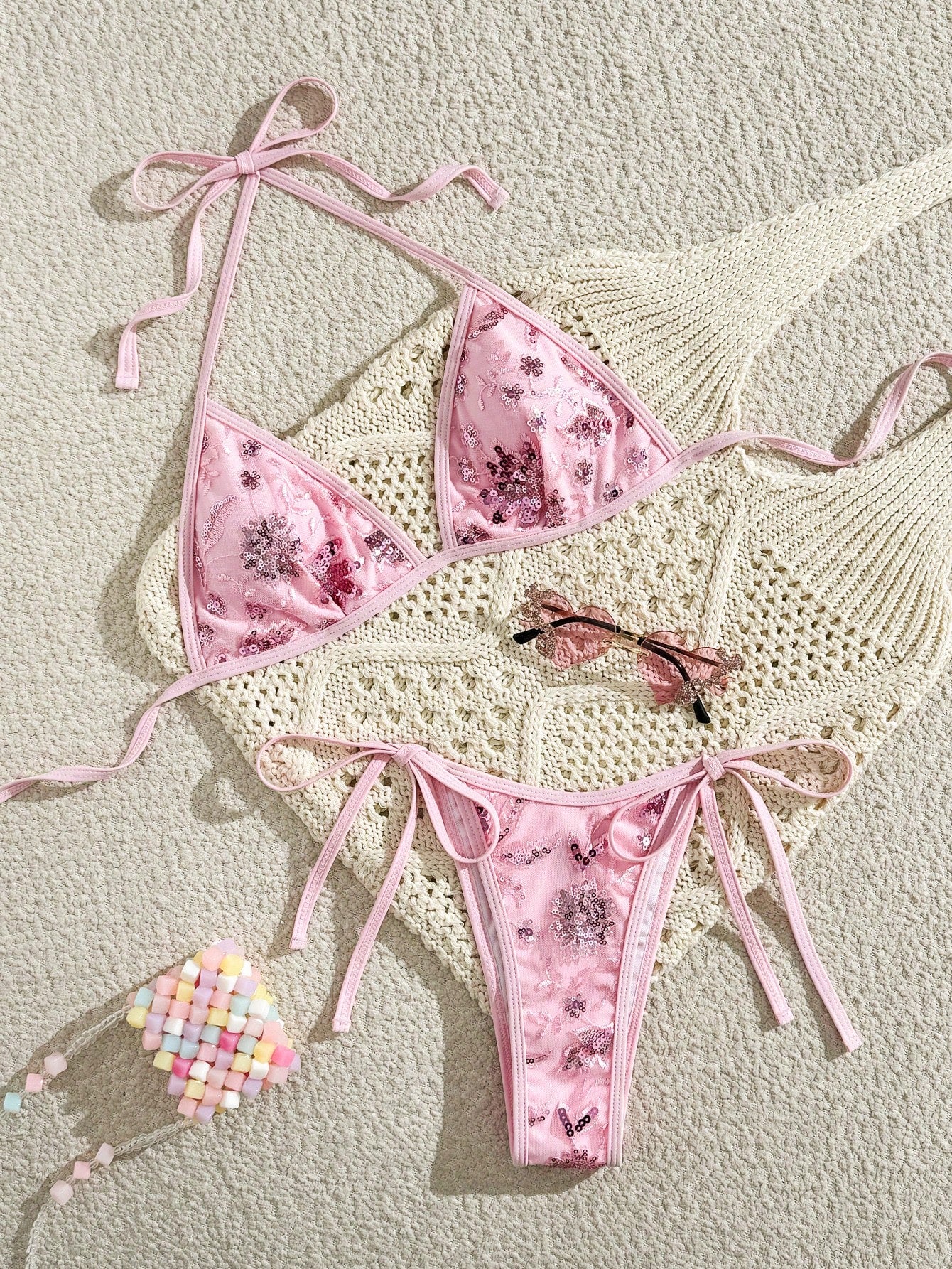 Champagne Sequin Embroidered High-Cut Bikini Set