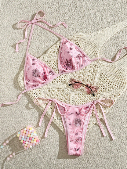 Champagne Sequin Embroidered High-Cut Bikini Set