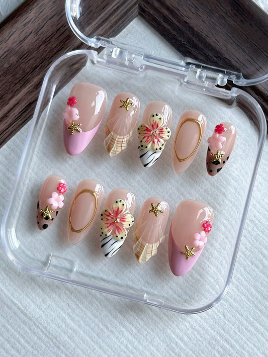 Pink Y2K Leopard & 3D Floral Almond Press-On Nails