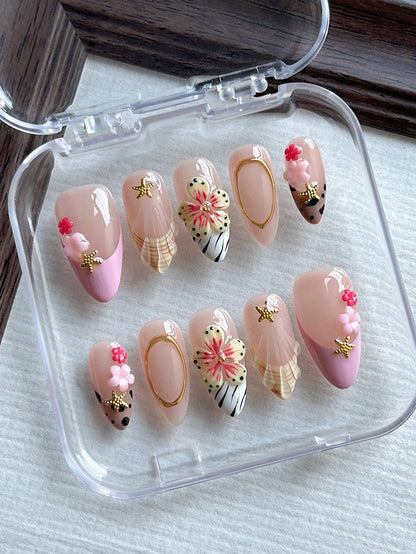 Pink Y2K Leopard & 3D Floral Almond Press-On Nails