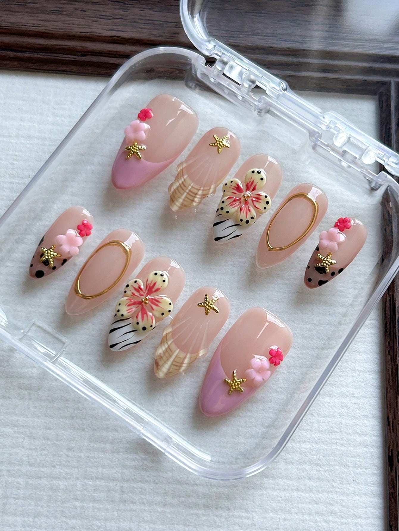 Pink Y2K Leopard & 3D Floral Almond Press-On Nails