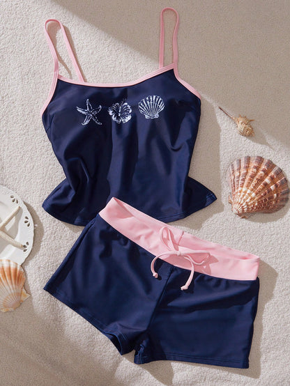 Ocean Print Camisole Bikini Set with Built-In Bra