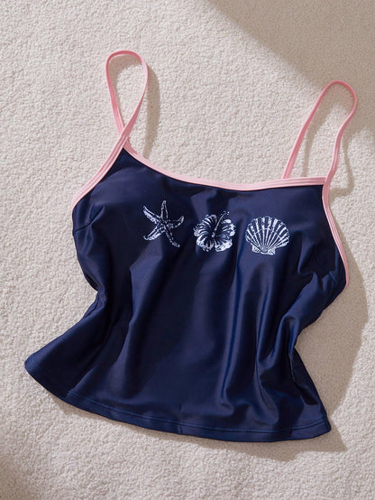 Ocean Print Camisole Bikini Set with Built-In Bra