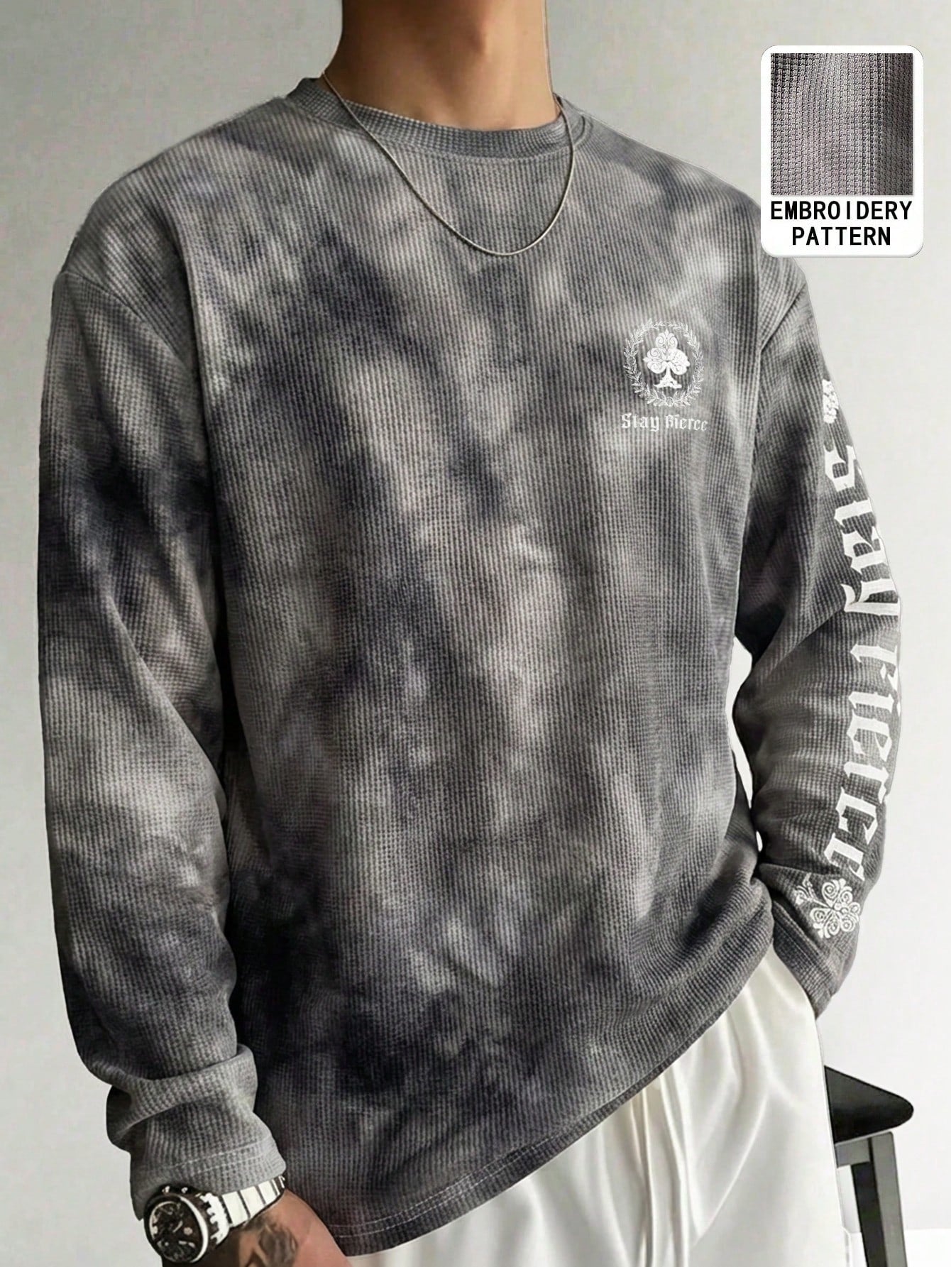 Men Distressed Tie Dye Waffle Long Sleeve Tee