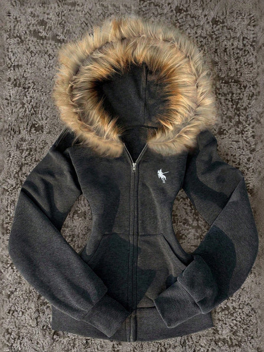 Women’s Casual Gray Zip-Up Long Sleeve Hoodie Jacket