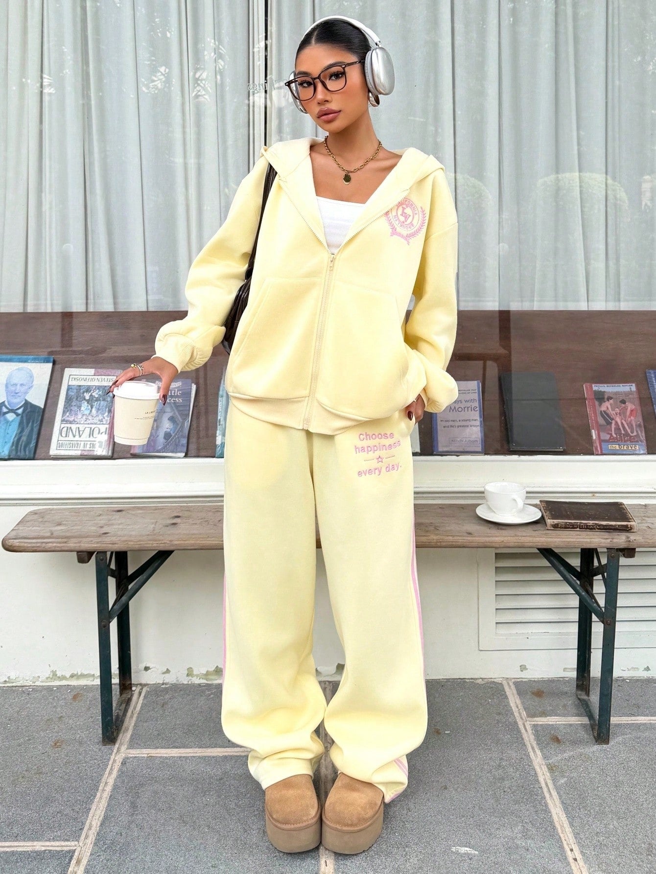 Women's Cream & Pink Letter Embroidery Sweatshirt Set