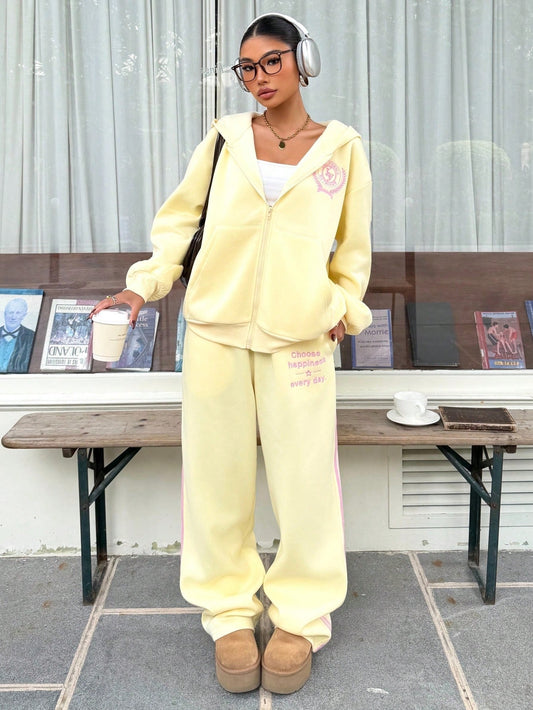 Women's Cream & Pink Letter Embroidery Sweatshirt Set