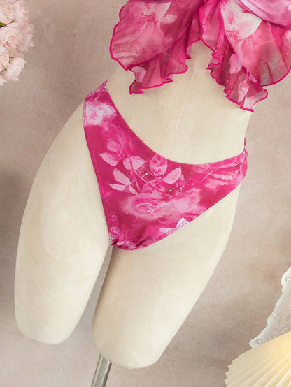 3-Piece Leopard & Floral Print Ruffle Bikini Set