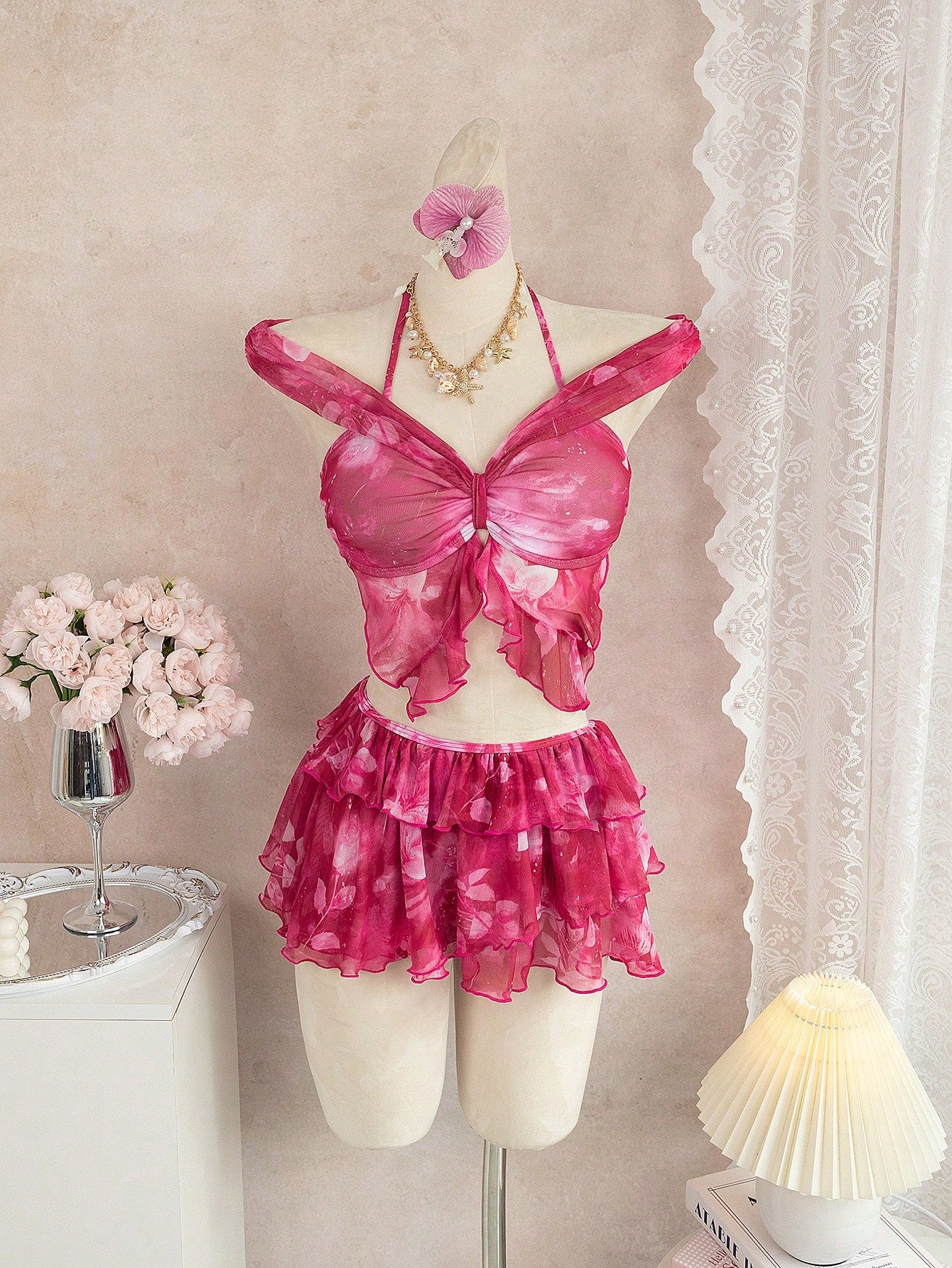 3-Piece Leopard & Floral Print Ruffle Bikini Set