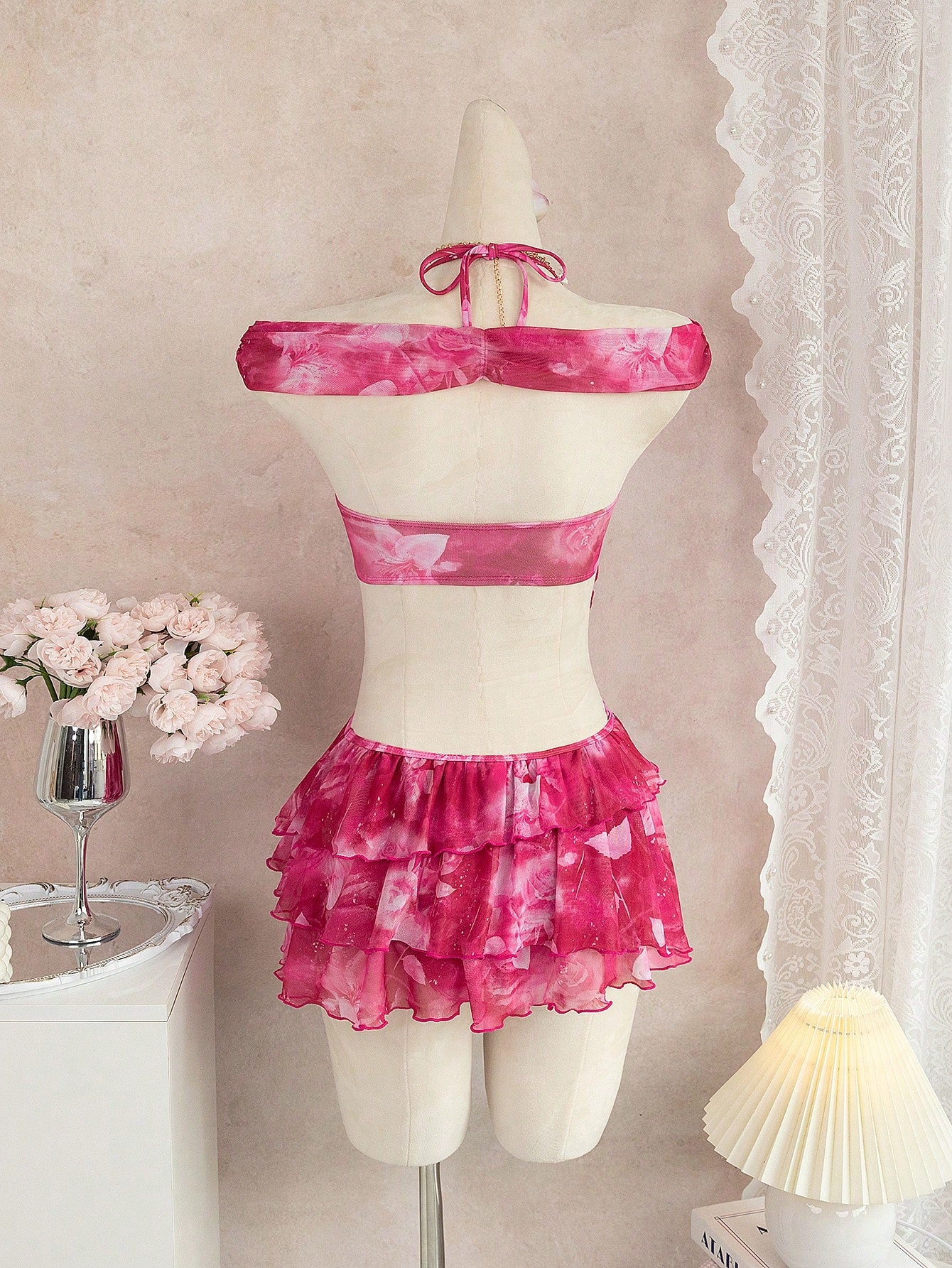 3-Piece Leopard & Floral Print Ruffle Bikini Set