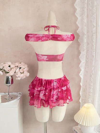 3-Piece Leopard & Floral Print Ruffle Bikini Set